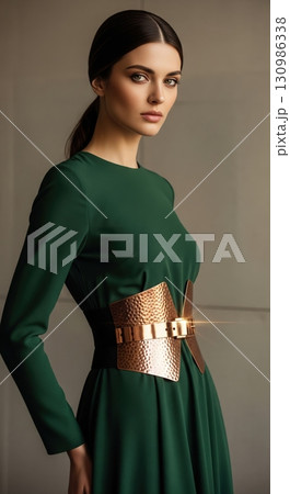 Portrait of an elegant young woman in a green dress with a wide hammered copper metal belt Portrait of an elegant young woman in a green dress with a wide hammered copper metal belt 130986338