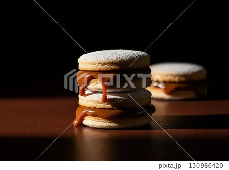 Stack of traditional alfajor cookies with dulce de leche filling on a dark background Stack of traditional alfajor cookies with dulce de leche filling on a dark background 130986420