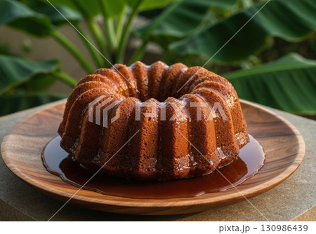 Traditional Belizean rum cake with a rich dark rum syrup served on a wooden plate outdoors 130986439