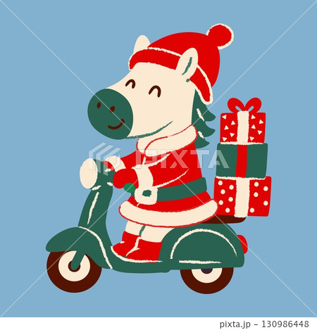 Cartoon Pony Santa with Christmas Gifts on a Scooter 130986448