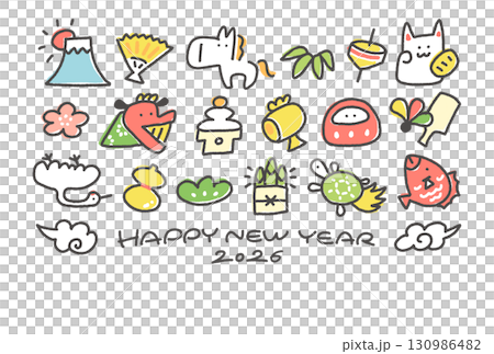 可愛的日式人物新年賀卡 2026，以白馬和新年吉祥物為特色：松樹、竹子、梅花、富士山、鶴和烏龜 130986482