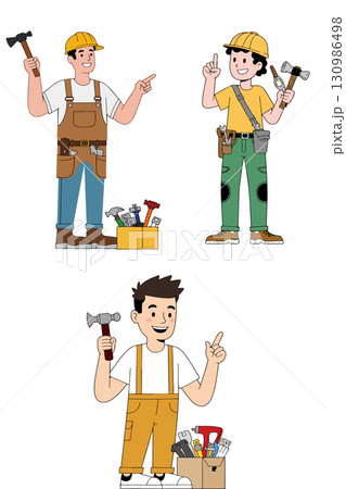 Cartoon Construction Workers with Tools Cartoon Construction Workers with Tools 130986498