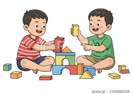Two Boys Building with Blocks 130986504