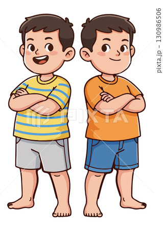 Cartoon Illustration of Two Boys Standing with Arms Crossed 130986506