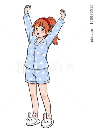 Anime Girl Stretching in Pajamas 130986519