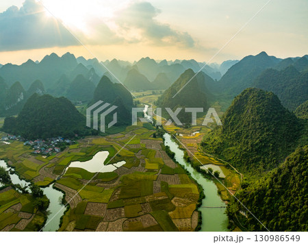 Aerial top view of Green rice field at northern vietnam,Beautiful destination in Northern Vietnam,Travel and landscape concept, Nature and rice fields background 130986549