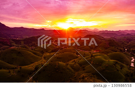 Drone aerial view of landscape mountains view in sunrise or sunset time,High angle view over countryside at northern Vietnam 130986558