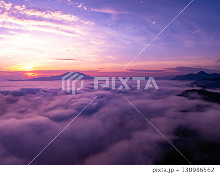 Drone aerial view of landscape mountains view in sunrise or sunset time,High angle view over countryside at northern Vietnam 130986562