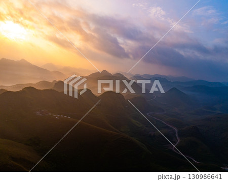 Drone aerial view of landscape mountains view in sunrise or sunset time,High angle view over countryside at northern Vietnam 130986641