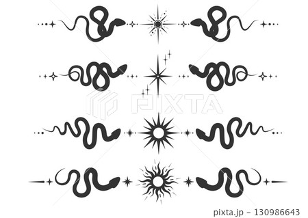 Celestial mystic border with celestial symbols and snakes. Occult kundalini serpents and magic sun with stars. Magic fantasy esoteric elements 130986643