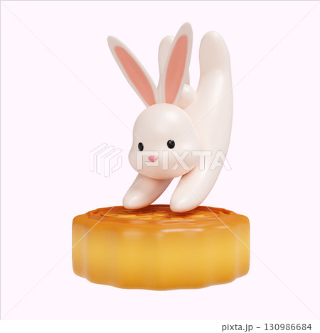 Moon festival inspiration featuring a rabbit on a mooncake. 3D render illustration 130986684