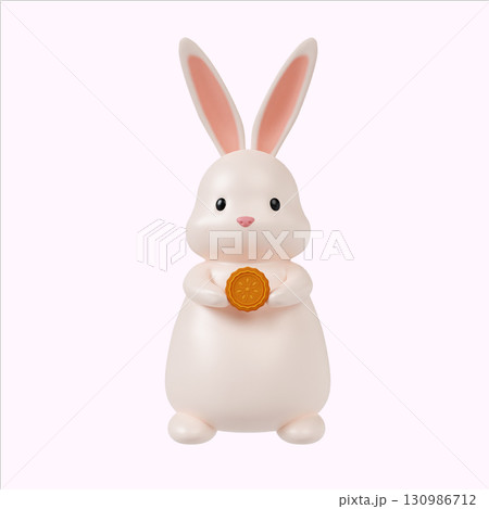 Charming bunny figurine holding a mooncake for the Moon festival. 3D render illustration 130986712