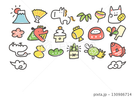 白馬と正月の縁起物の和風かわいいキャラクター年賀状イラスト　2026 松竹梅・富士山・鶴亀 130986714