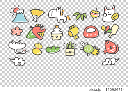 白馬と正月の縁起物の和風かわいいキャラクター年賀状イラスト　2026 松竹梅・富士山・鶴亀 130986714