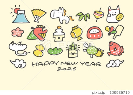白馬と正月の縁起物の和風かわいいキャラクター年賀状　2026 松竹梅・富士山・鶴亀 130986719
