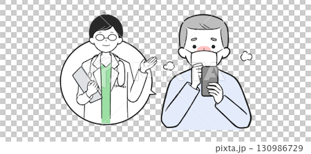Illustration of a coughing man consulting a doctor via online medical consultation (cold, flu, fever, infectious disease, hay fever) Illustration of a coughing man consulting a doctor via online medical consultation (cold, flu, fever, infectious disease, hay fever) 130986729