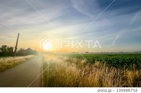 Experience the breathtaking tranquility of a sunset over expansive open fields and a winding pathway Experience the breathtaking tranquility of a sunset over expansive open fields and a winding pathway 130986758