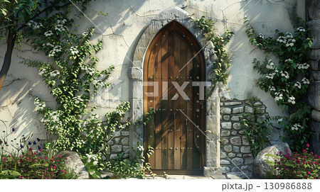 Gothic door of wood, ivy, flowers on stone wall, arched windows, sunlight with soft shadows. 130986888