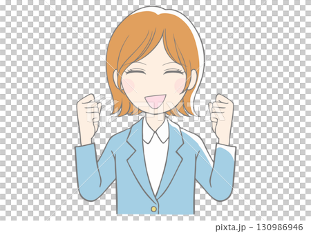 一位身穿藍色西裝、精神抖擻的女士雙手握拳 一位身穿藍色西裝、精神抖擻的女士雙手握拳 130986946