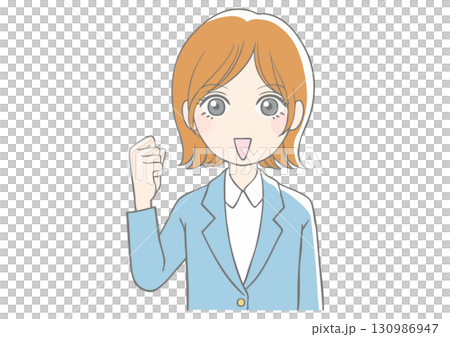 一位穿著藍色西裝的女士用一隻手握拳 一位穿著藍色西裝的女士用一隻手握拳 130986947