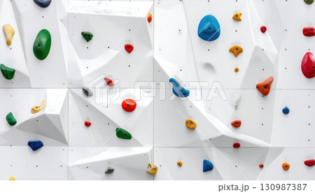 《AI画像》カラフルなホールドが付いた白いボルダリングの壁 130987387