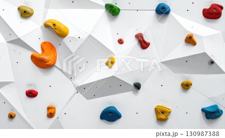 《AI画像》カラフルなホールドが付いた白いボルダリングの壁 《AI画像》カラフルなホールドが付いた白いボルダリングの壁 130987388