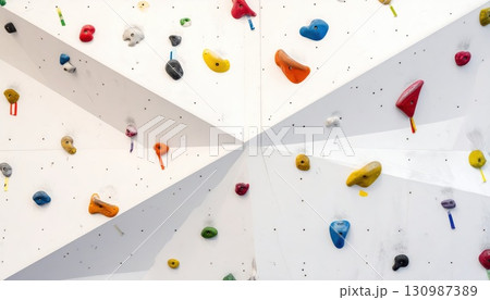 《AI画像》カラフルなホールドが付いた白いボルダリングの壁 130987389