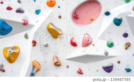 《AI画像》カラフルなホールドが付いた白いボルダリングの壁 130987395