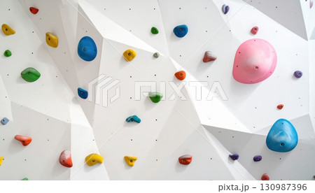 《AI画像》カラフルなホールドが付いた白いボルダリングの壁 《AI画像》カラフルなホールドが付いた白いボルダリングの壁 130987396