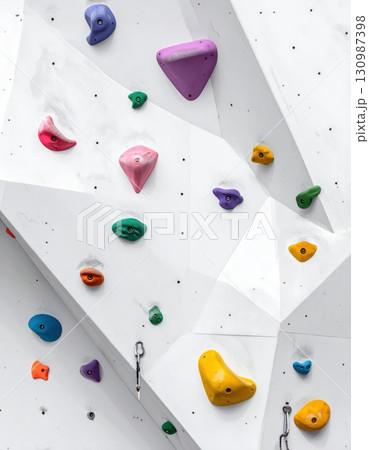 《AI画像》カラフルなホールドが付いた白いボルダリングの壁 130987398