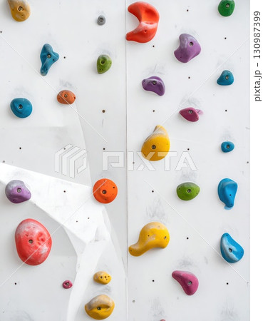 《AI画像》カラフルなホールドが付いた白いボルダリングの壁 130987399