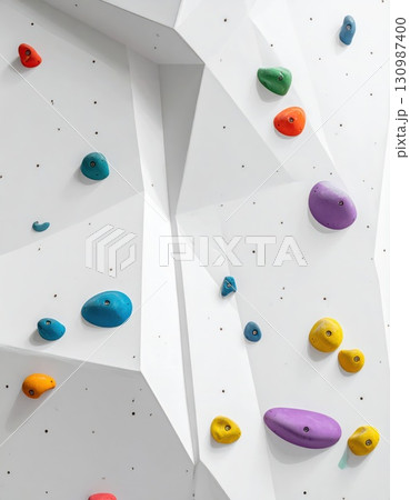《AI画像》カラフルなホールドが付いた白いボルダリングの壁 《AI画像》カラフルなホールドが付いた白いボルダリングの壁 130987400