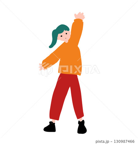 手を挙げて挨拶する女性の手書きベクターイラスト 130987466