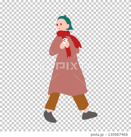 Hand-drawn vector illustration of a woman wearing a red scarf and holding a drink 130987468
