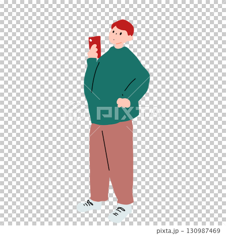 スマホを見る男性の手書きベクターイラスト スマホを見る男性の手書きベクターイラスト 130987469