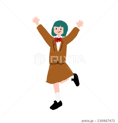 ジャンプして喜ぶ女子高生の手書きベクターイラスト 130987472