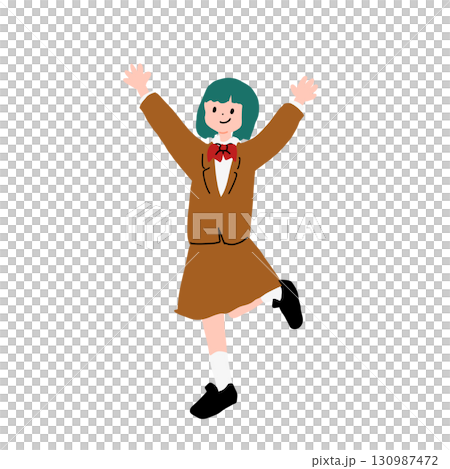 ジャンプして喜ぶ女子高生の手書きベクターイラスト 130987472