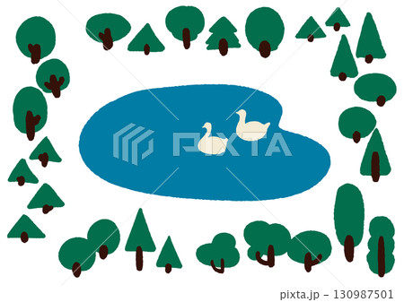 湖と白鳥と森の木々。手描きのかわいいイラスト背景。シンプルな森のイラスト。ベクターフレームセット。 130987501