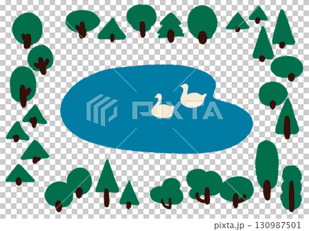 Lake, swans and forest trees. Hand drawn cute illustration background. Simple forest illustration. Vector frame set. 130987501