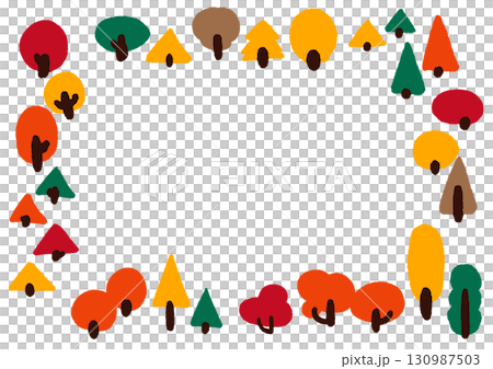 手描きのシンプルな森のイラスト。可愛らしい木々に囲まれたフレームセット。 130987503