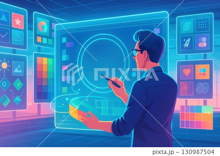 Business and AI technology concept, Designer working on digital interface with futuristic holographic screens 130987504