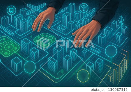 Business and AI technology concept, Person interacting with futuristic smart city digital map interface 130987513