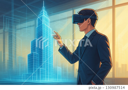 Business and AI technology concept, Businessman using virtual reality to design futuristic skyscraper in office 130987514