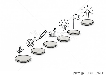 Step by step business growth concept with icons and stone path on white background 130987611