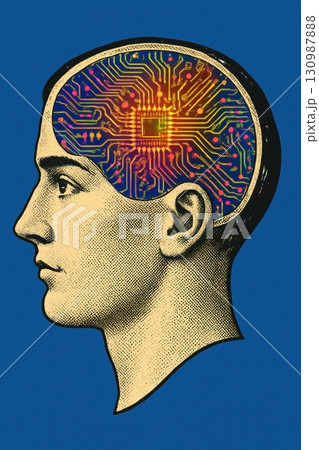 Retro pop art style of Human head with digital circuit brain illustration representing artificial intelligence 130987888