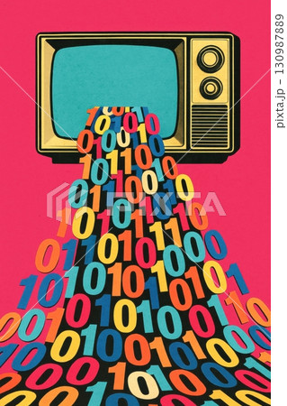 Retro television displaying flowing colorful binary code on pink background 130987889