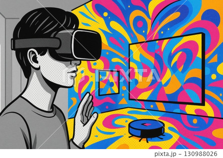 Young man using virtual reality headset in...のイラスト素材 [130988026] - PIXTA