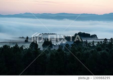朝霧と朝焼けの丘 130988295