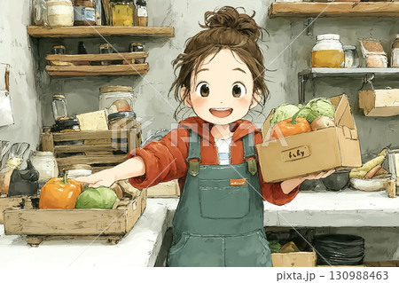 美優シリーズ：美優が余った食材を地域のフードバンクに寄付しているシーン 130988463