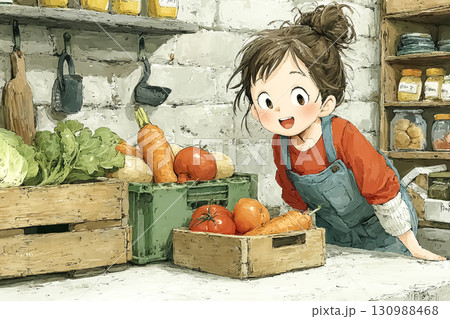 美優シリーズ：美優が余った食材を地域のフードバンクに寄付しているシーン 130988468